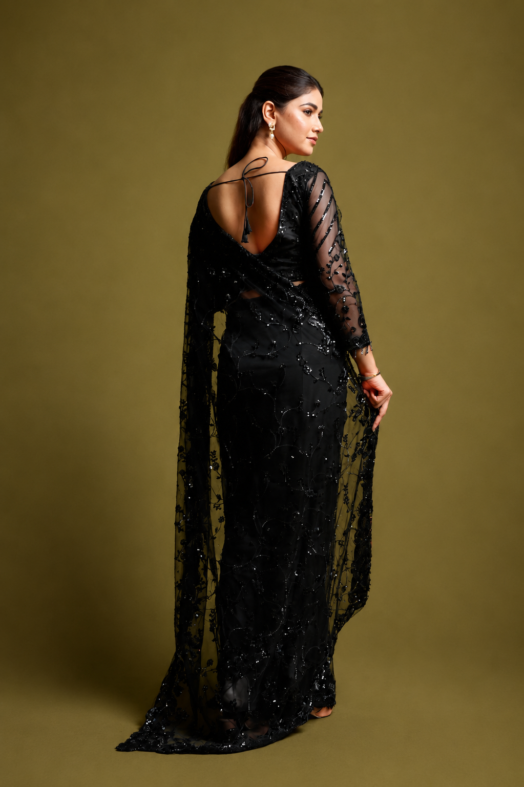 Black Net Saree With Sequin Hand Embroidery with Stitched Blouse