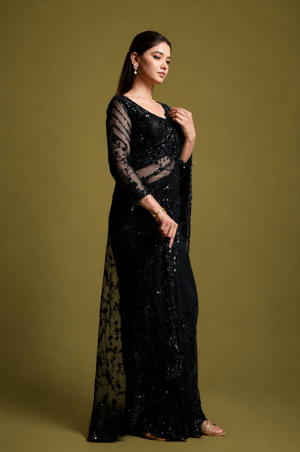 Black Net Saree With Sequin Hand Embroidery with Stitched Blouse