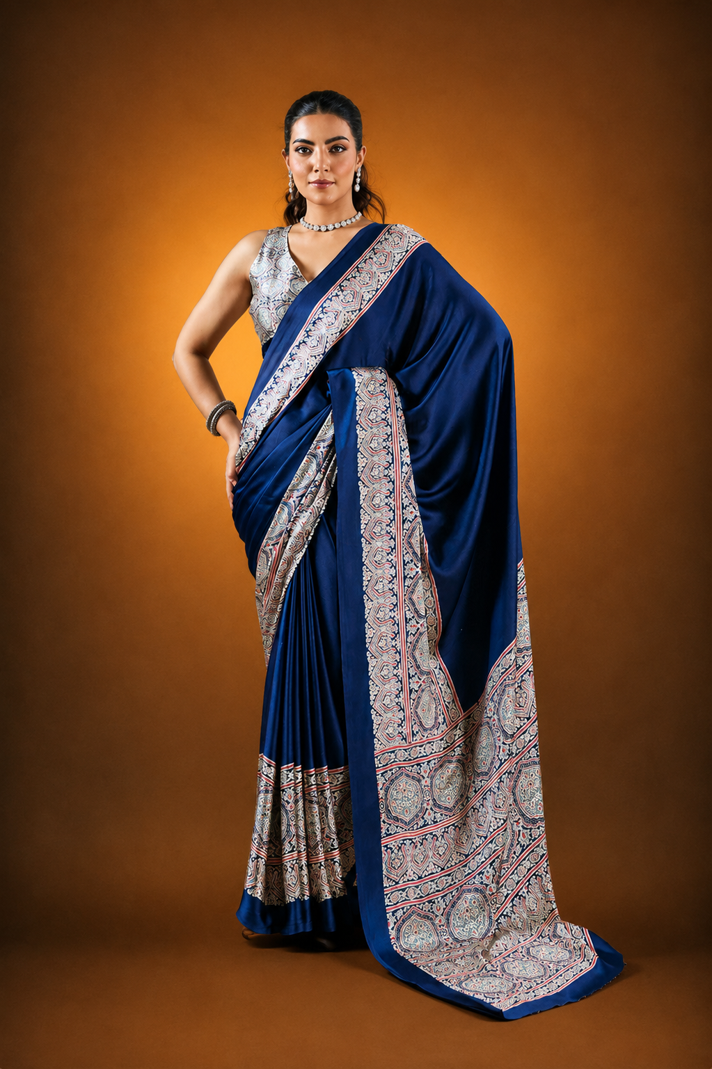 Dark Navy Blue Pure Satin Modal Silk Saree with Ajrakh Print Work
