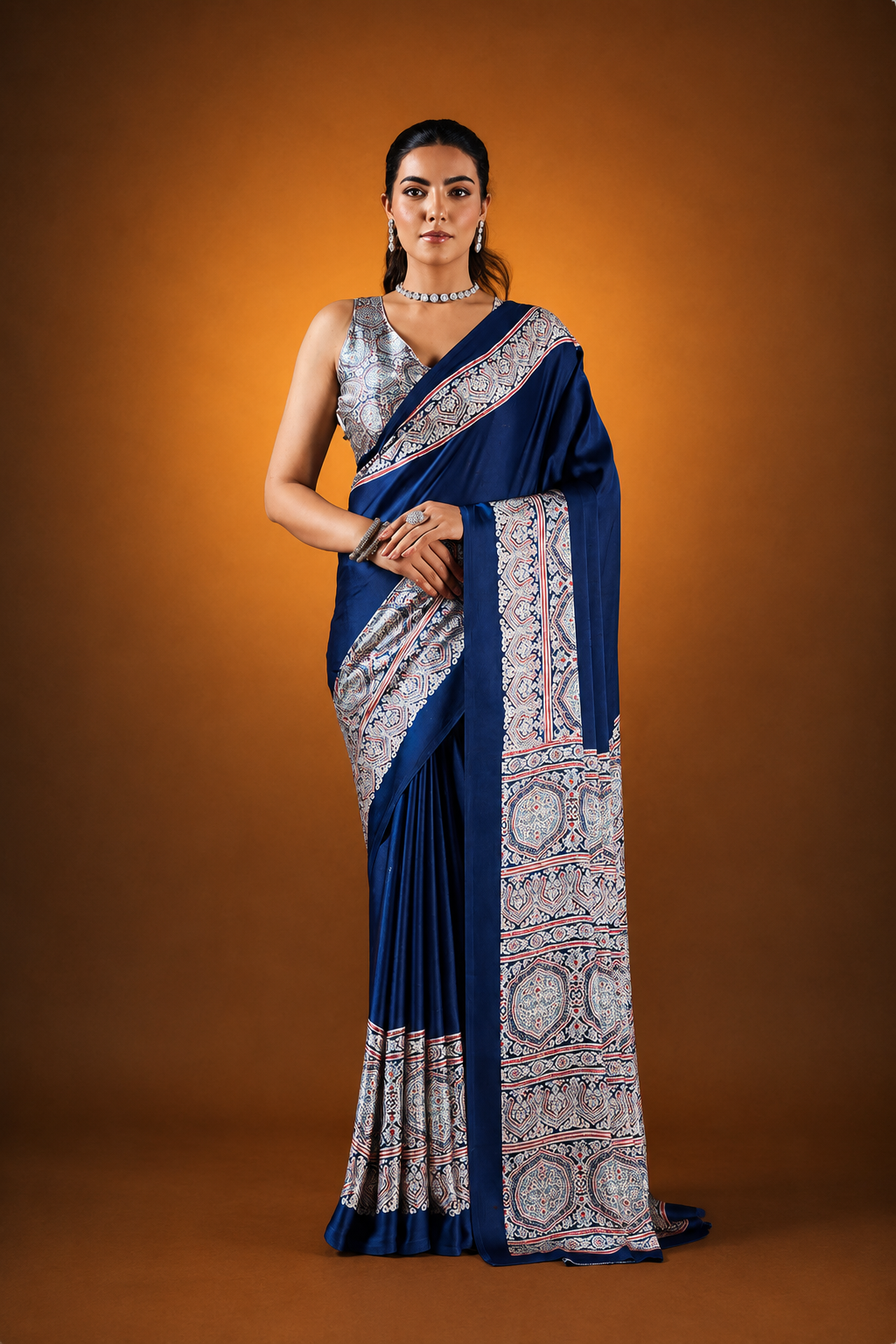 Dark Navy Blue Pure Satin Modal Silk Saree with Ajrakh Print Work