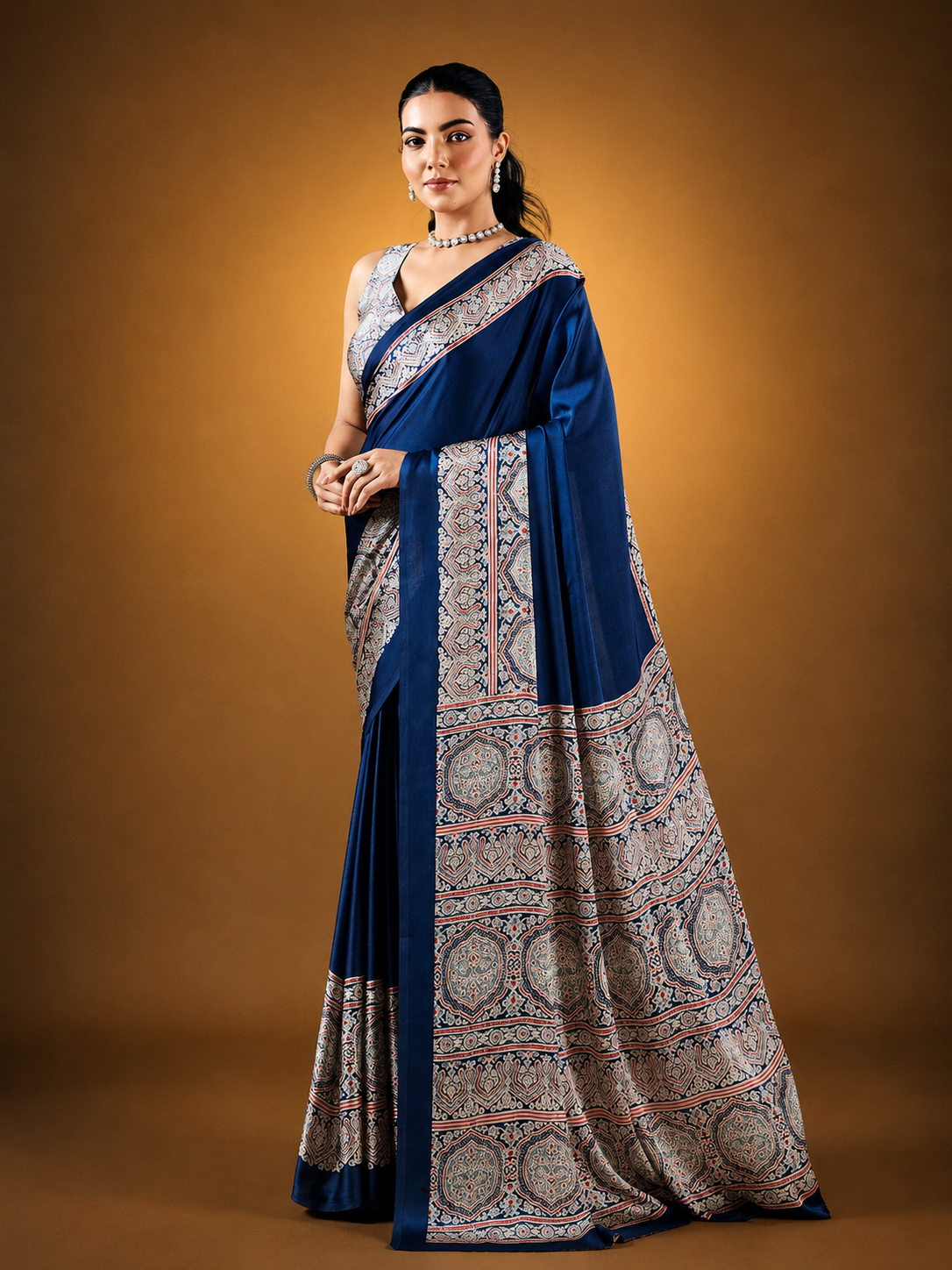 Dark Navy Blue Pure Satin Modal Silk Saree with Ajrakh Print Work