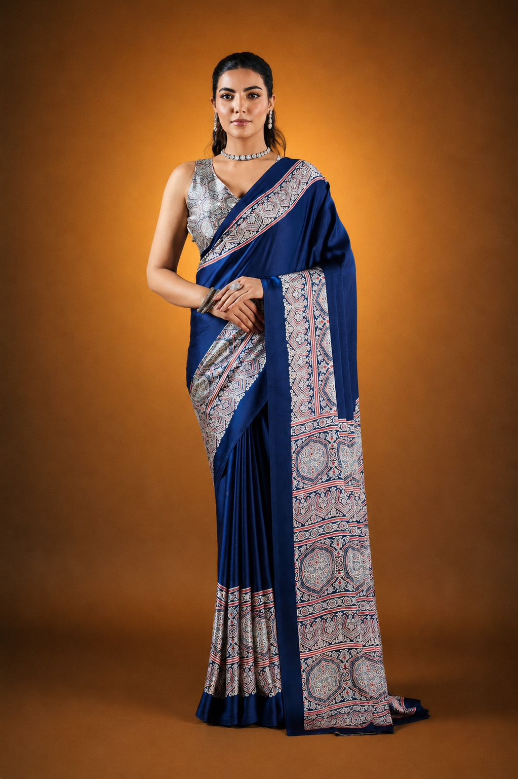 Dark Navy Blue Pure Satin Modal Silk Saree with Ajrakh Print Work