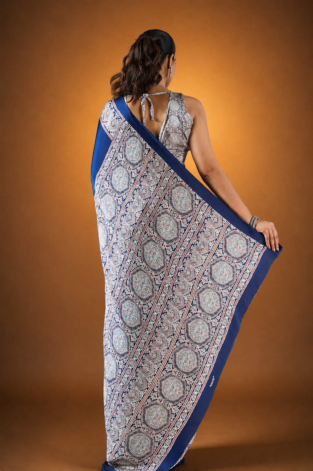 Dark Navy Blue Pure Satin Modal Silk Saree with Ajrakh Print Work