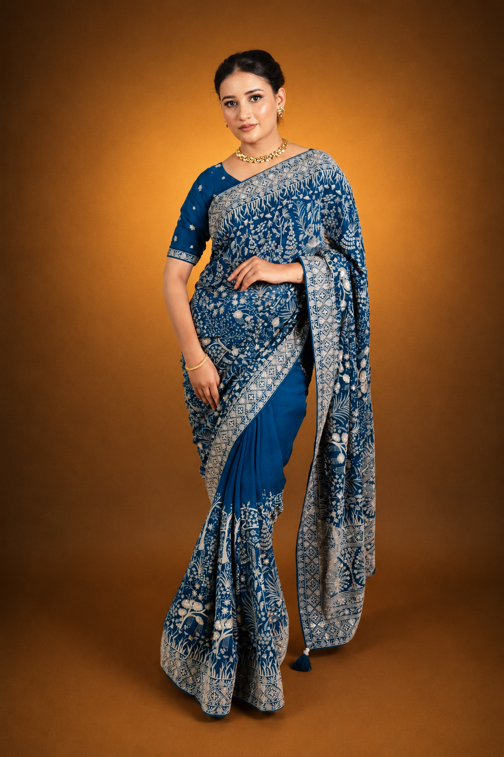 Teal Blue Lucknowi Georgette Saree with Beautiful Tassels and Zari Work