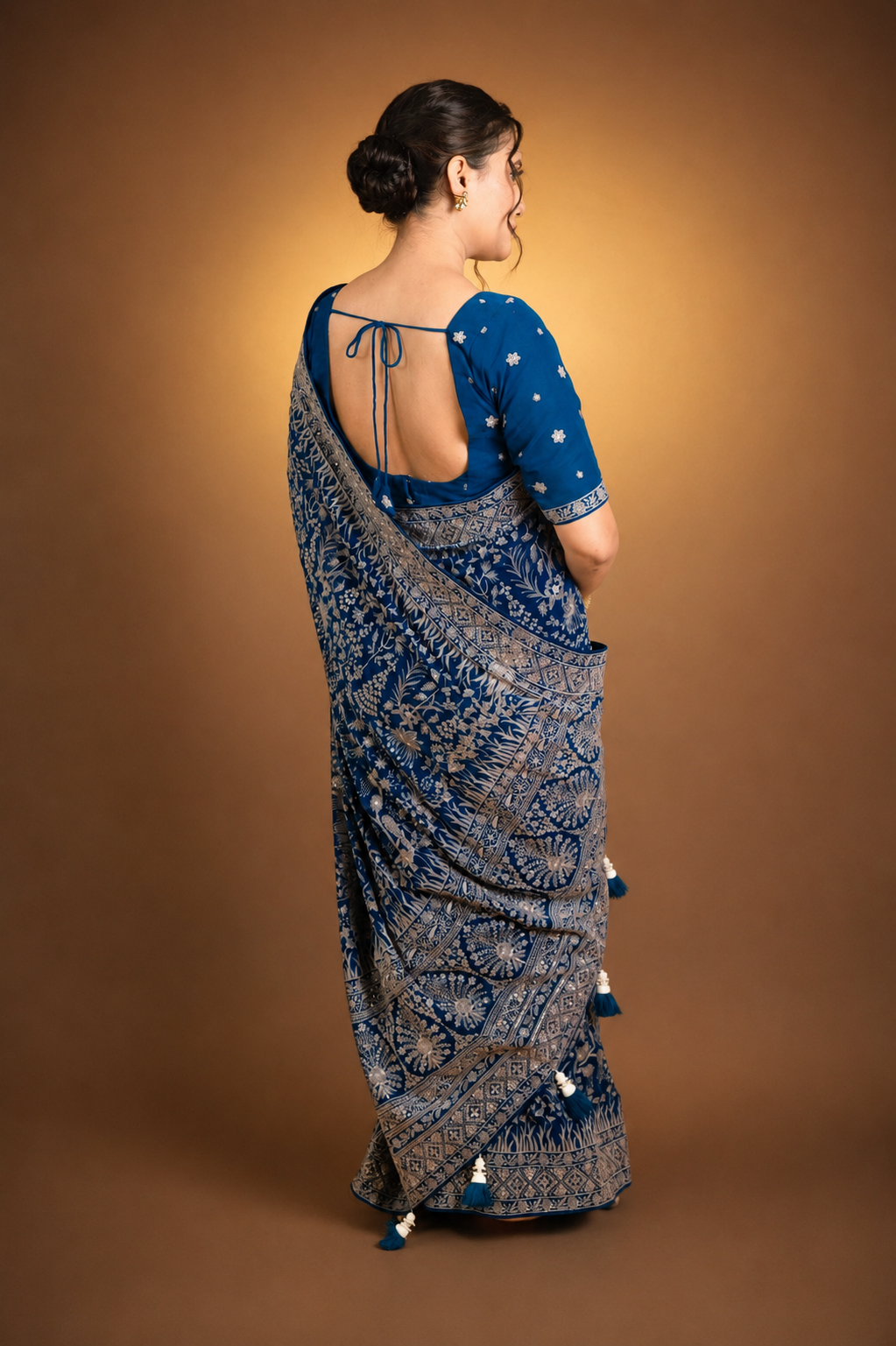 Teal Blue Lucknowi Georgette Saree with Beautiful Tassels and Zari Work