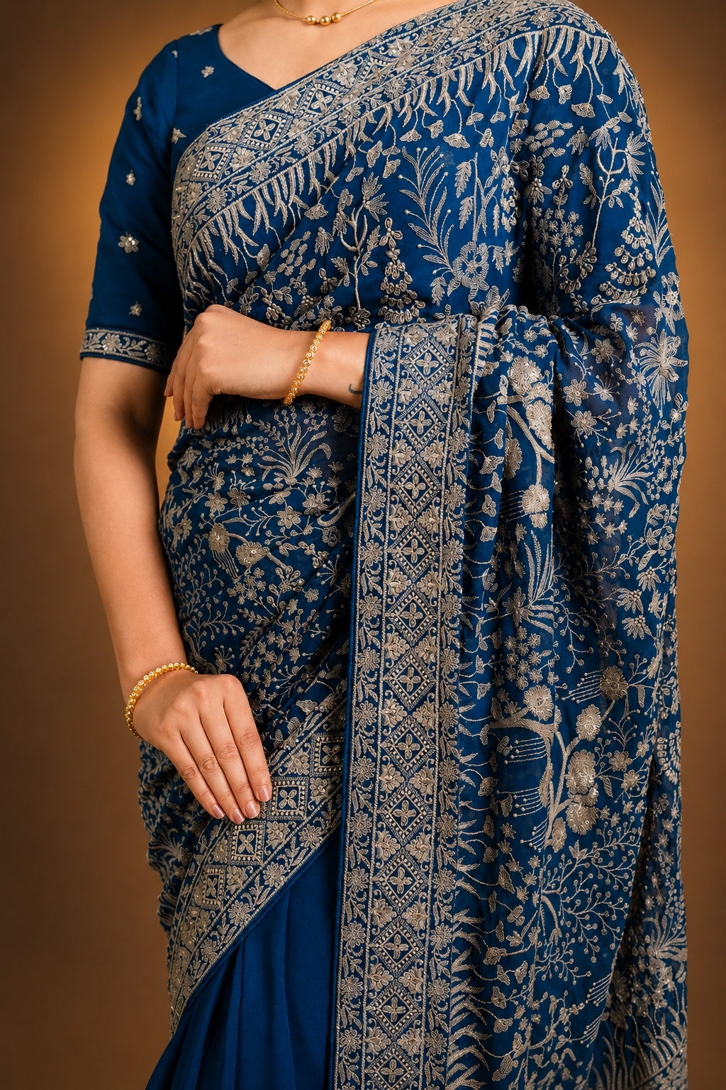 Teal Blue Lucknowi Georgette Saree with Beautiful Tassels and Zari Work