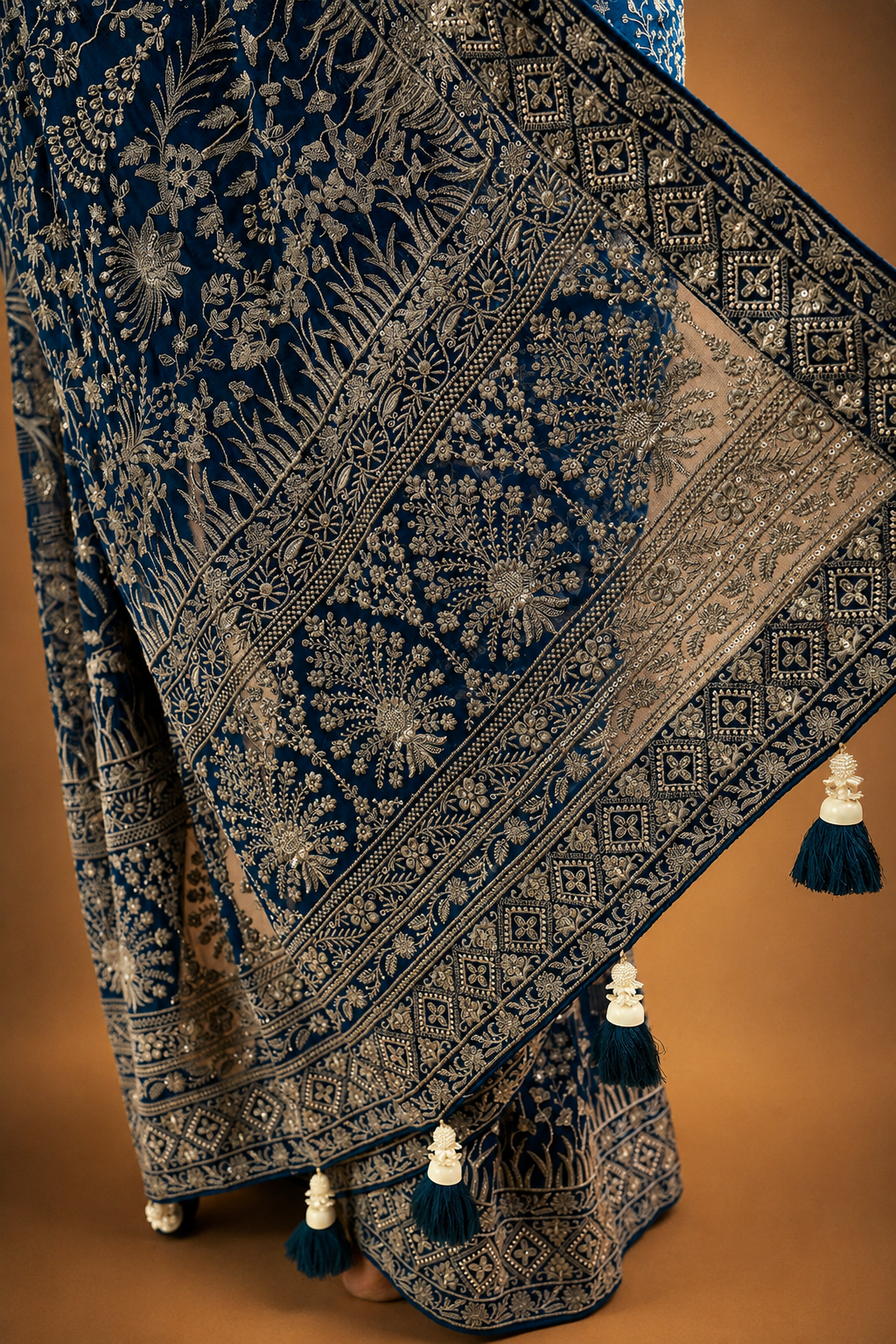Teal Blue Lucknowi Georgette Saree with Beautiful Tassels and Zari Work