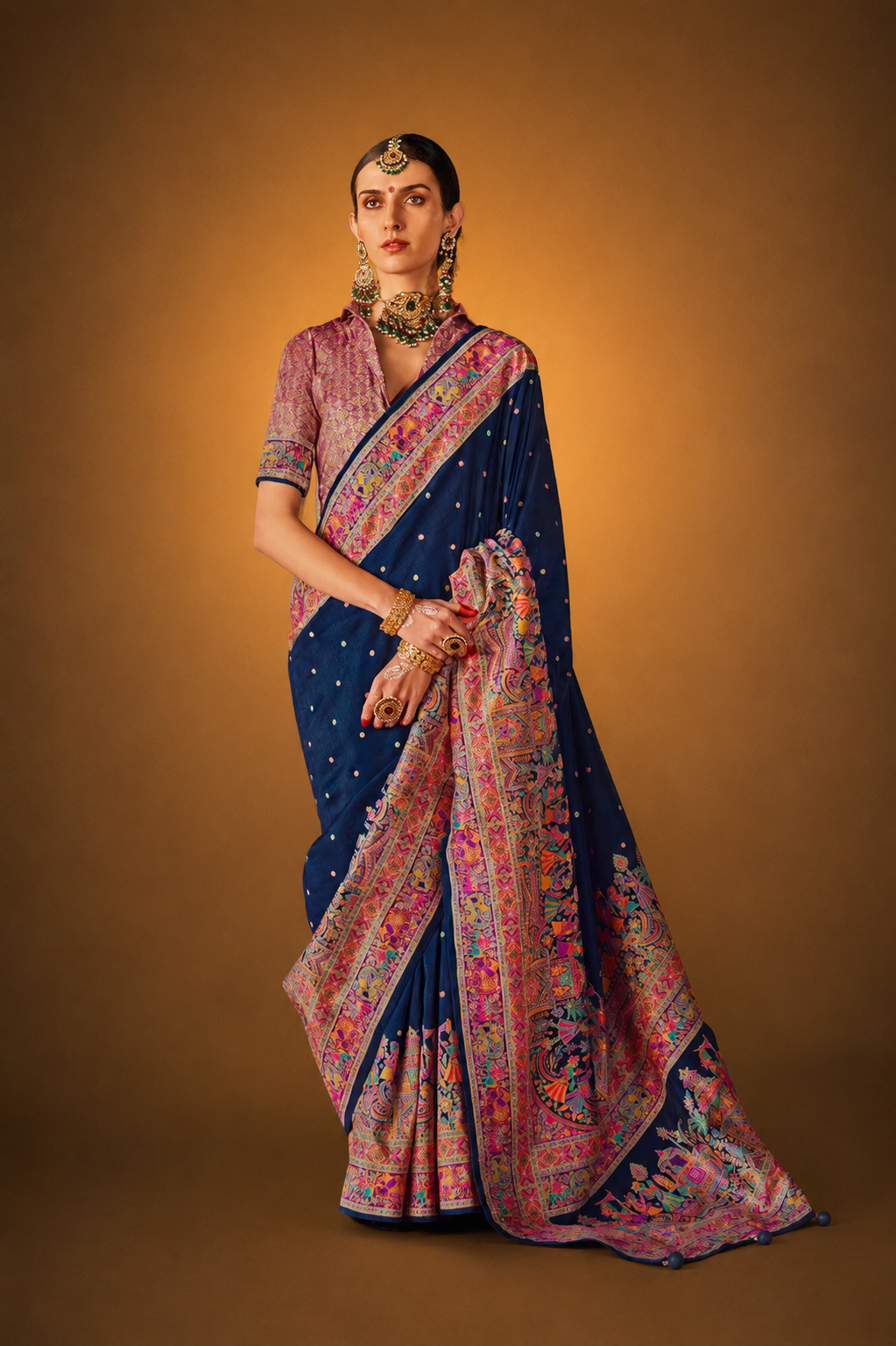 Dark Navy Blue Raw Silk Saree with Heritage Prints