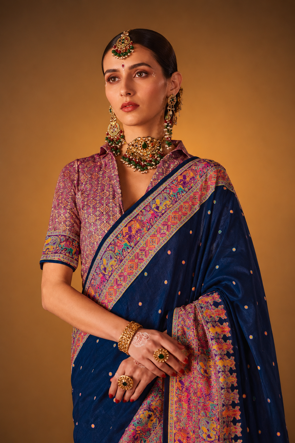 Dark Navy Blue Raw Silk Saree with Heritage Prints