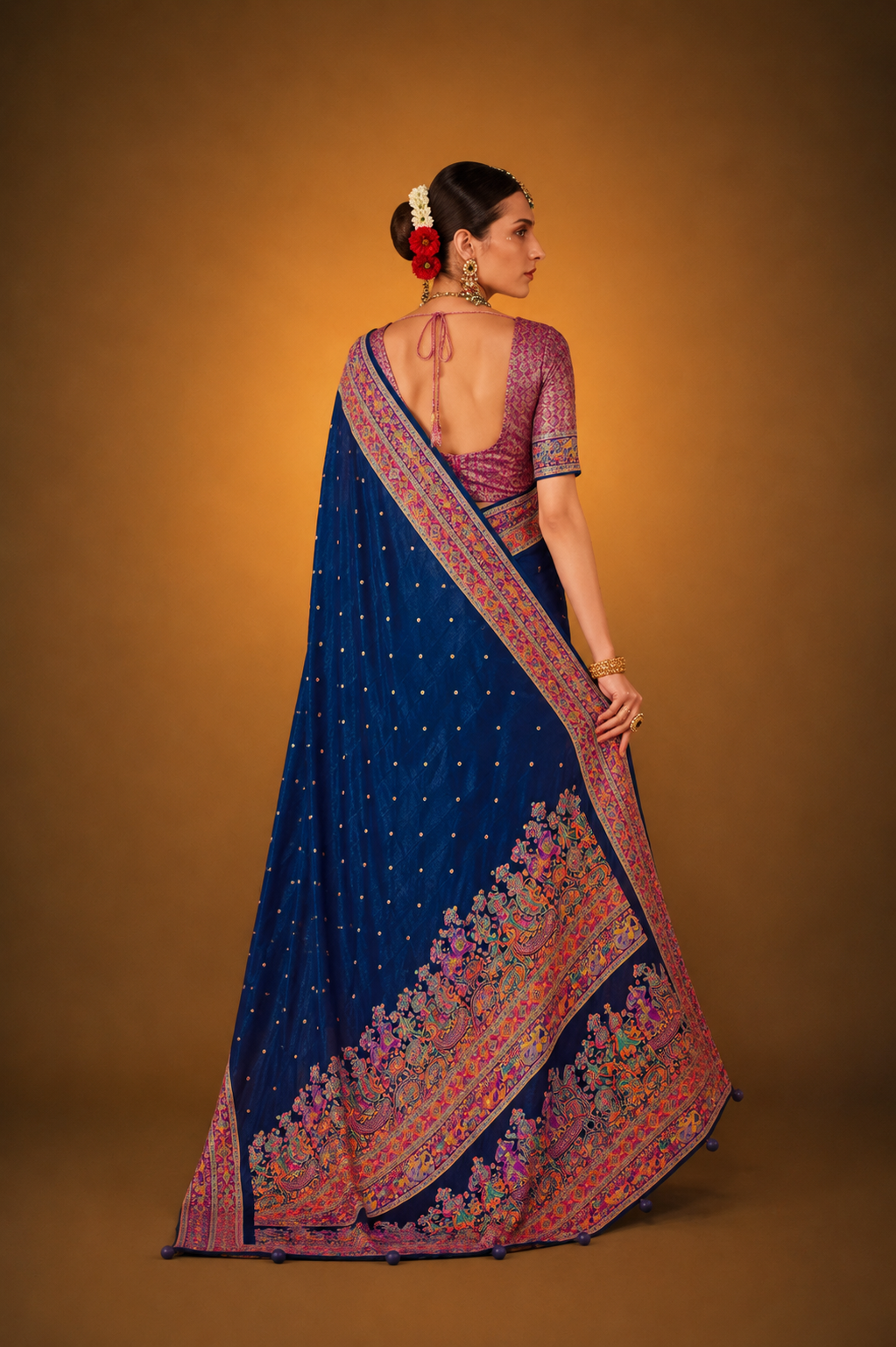 Dark Navy Blue Raw Silk Saree with Heritage Prints