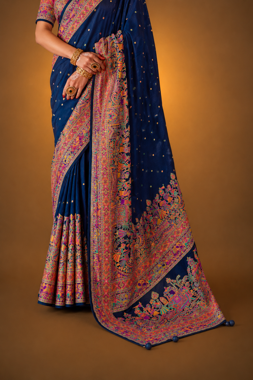 Dark Navy Blue Raw Silk Saree with Heritage Prints