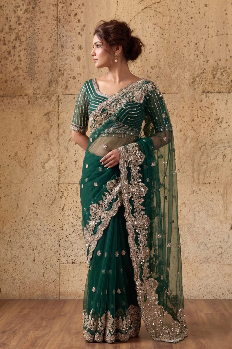 Bottle Green Net Saree With Sequin Hand Embroidery with Stitched Blouse
