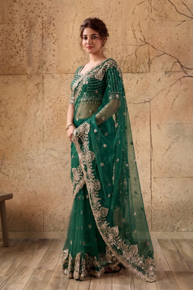 Bottle Green Net Saree With Sequin Hand Embroidery with Stitched Blouse