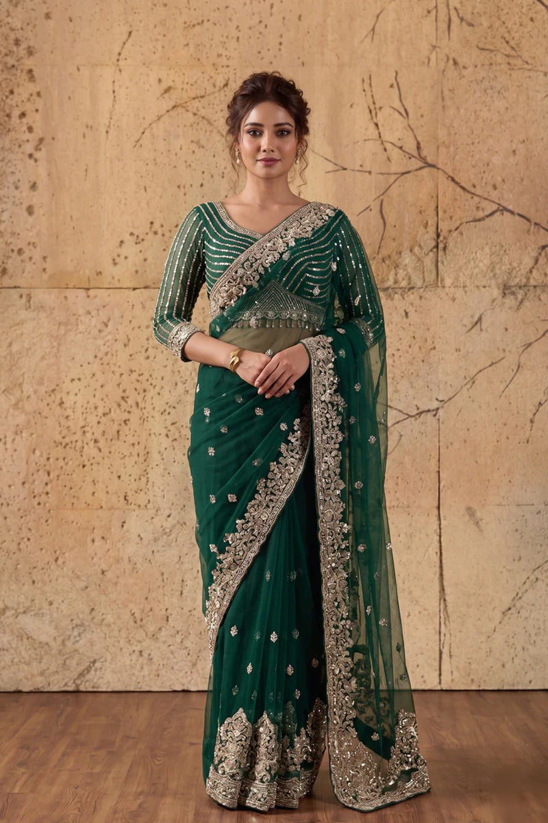 Bottle Green Net Saree With Sequin Hand Embroidery with Stitched Blouse