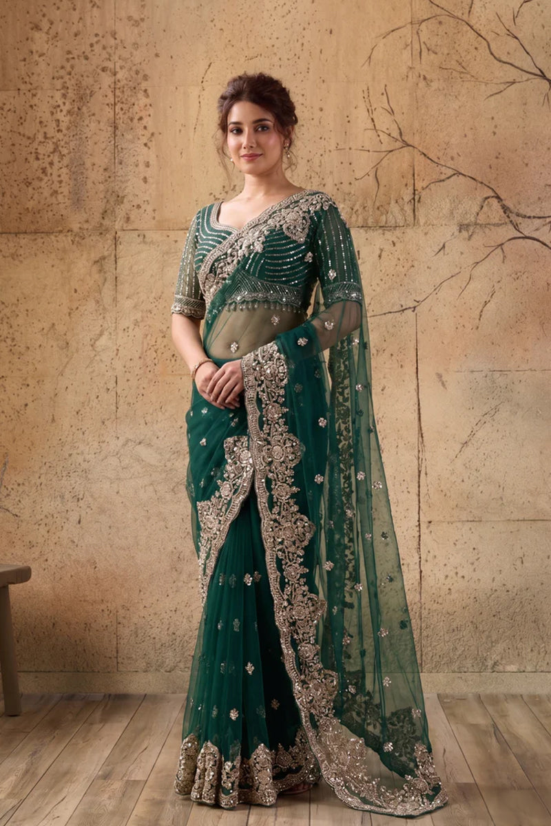 Bottle Green Net Saree With Sequin Hand Embroidery with Stitched Blouse