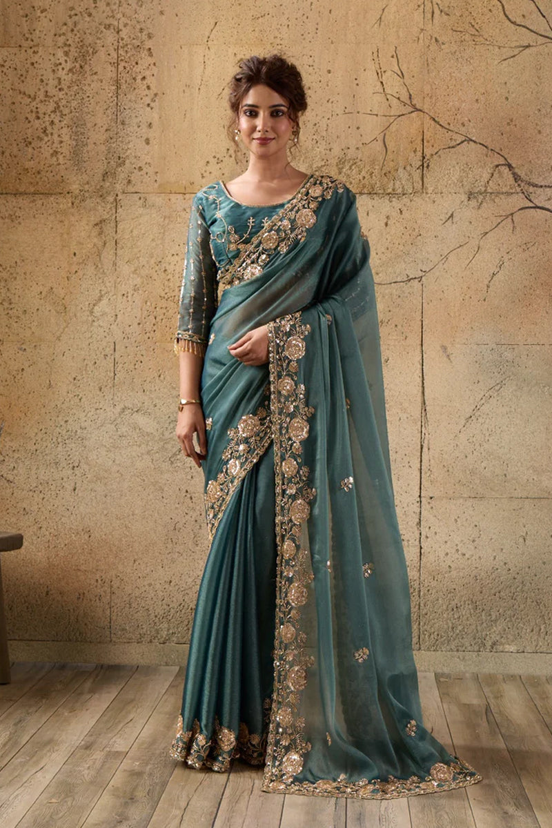 Bottle Green Organza Saree with Floral Hand Embroidery with Stitched Blouse