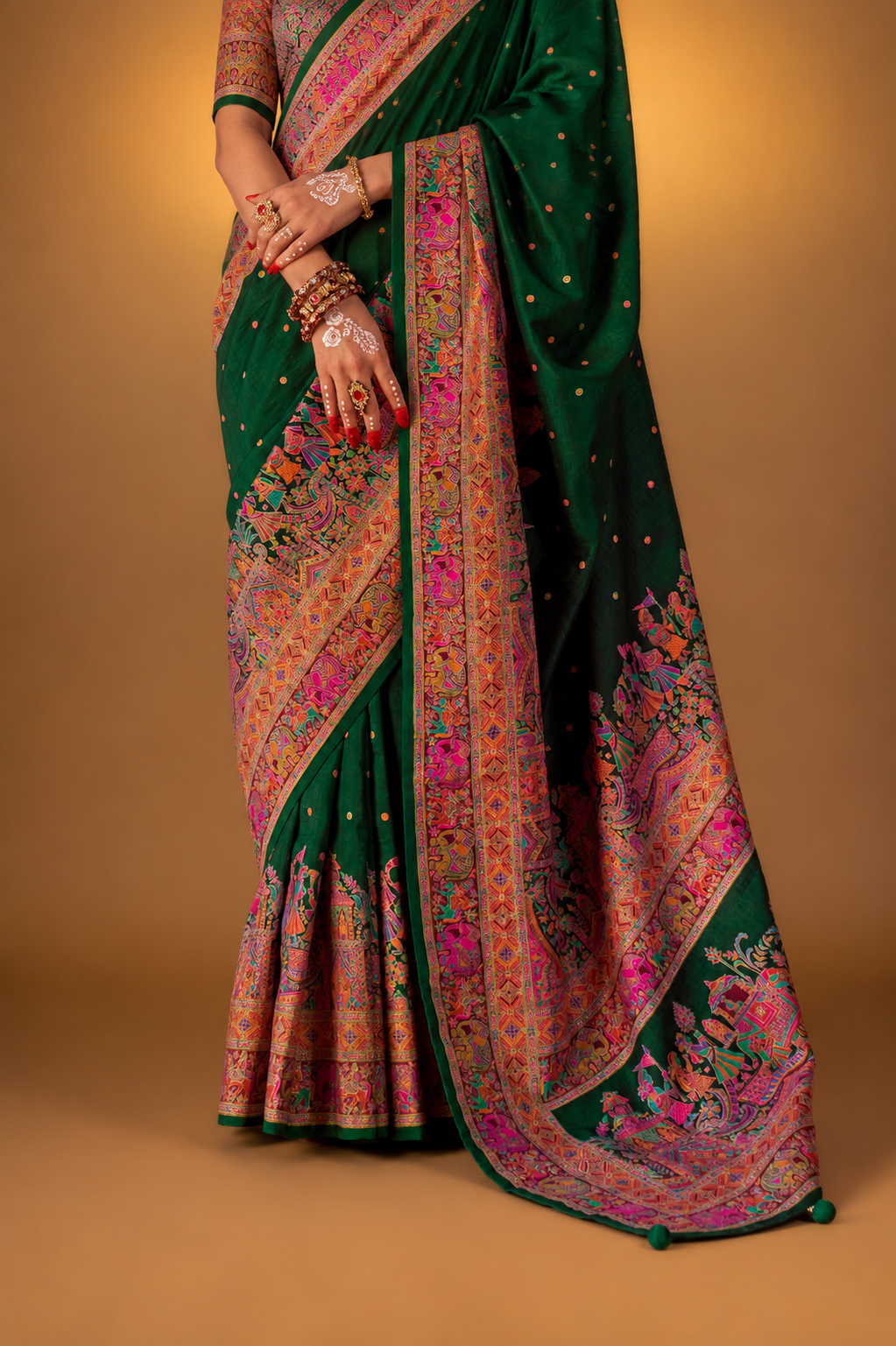 Bottle Green Raw Silk Saree with Heritage Prints