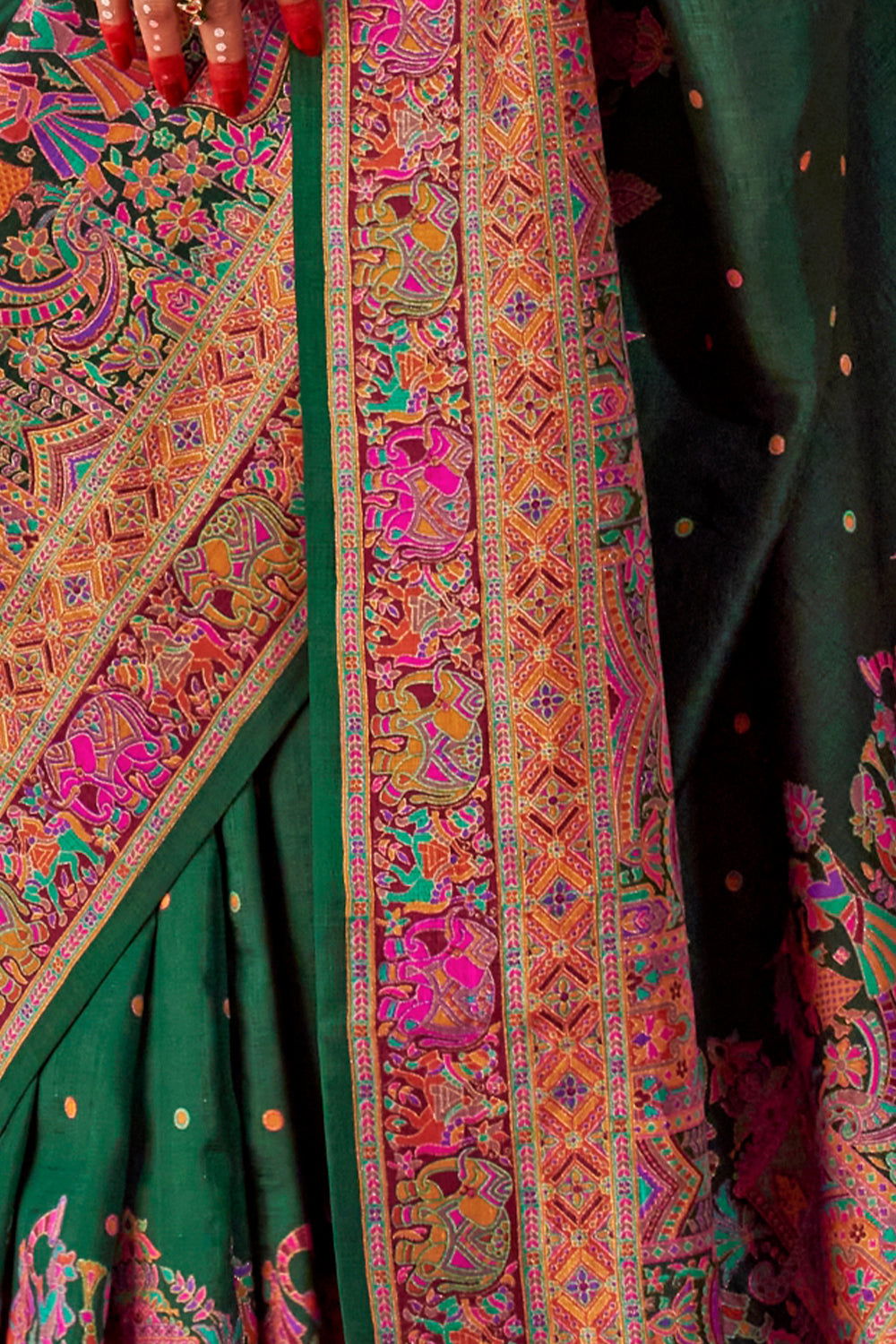 Bottle Green Raw Silk Saree with Heritage Prints - Mayrake.in
