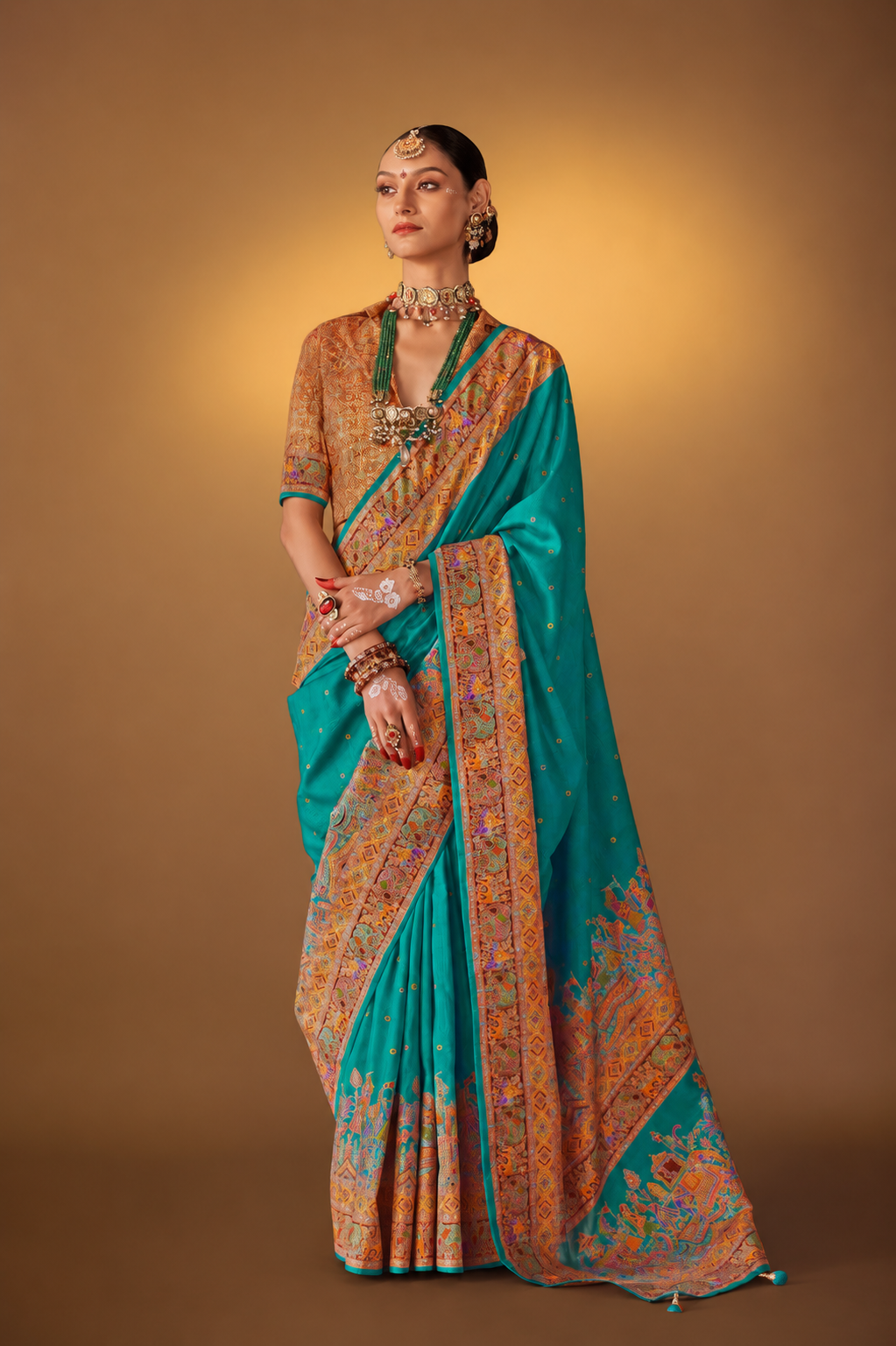 Aqua Blue Green Raw Silk Saree with Heritage Prints