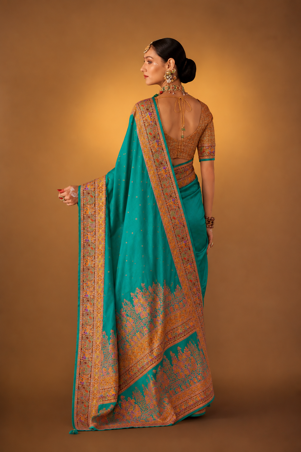 Aqua Blue Green Raw Silk Saree with Heritage Prints