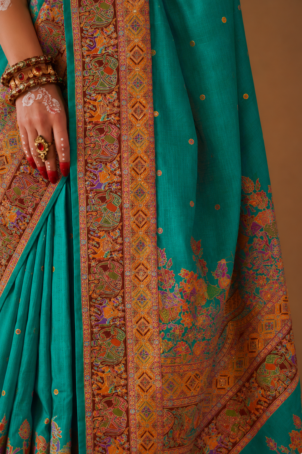 Aqua Blue Green Raw Silk Saree with Heritage Prints