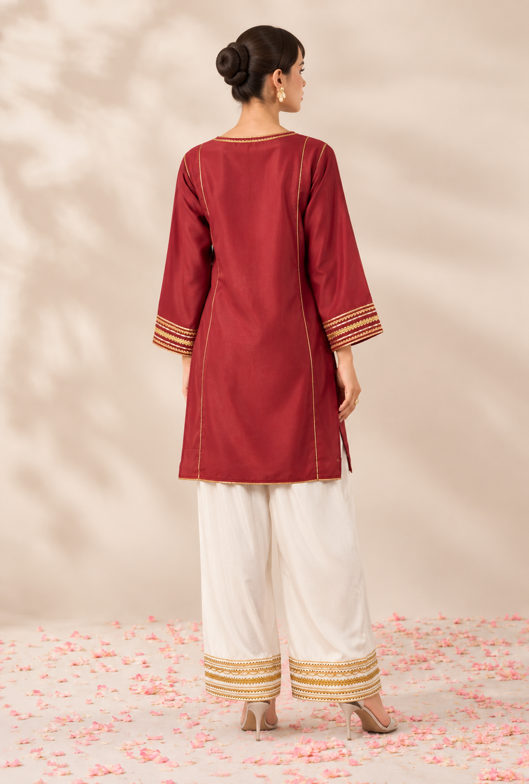Maroon Cotton Farsi Kurta set with Gold Gotta Lace