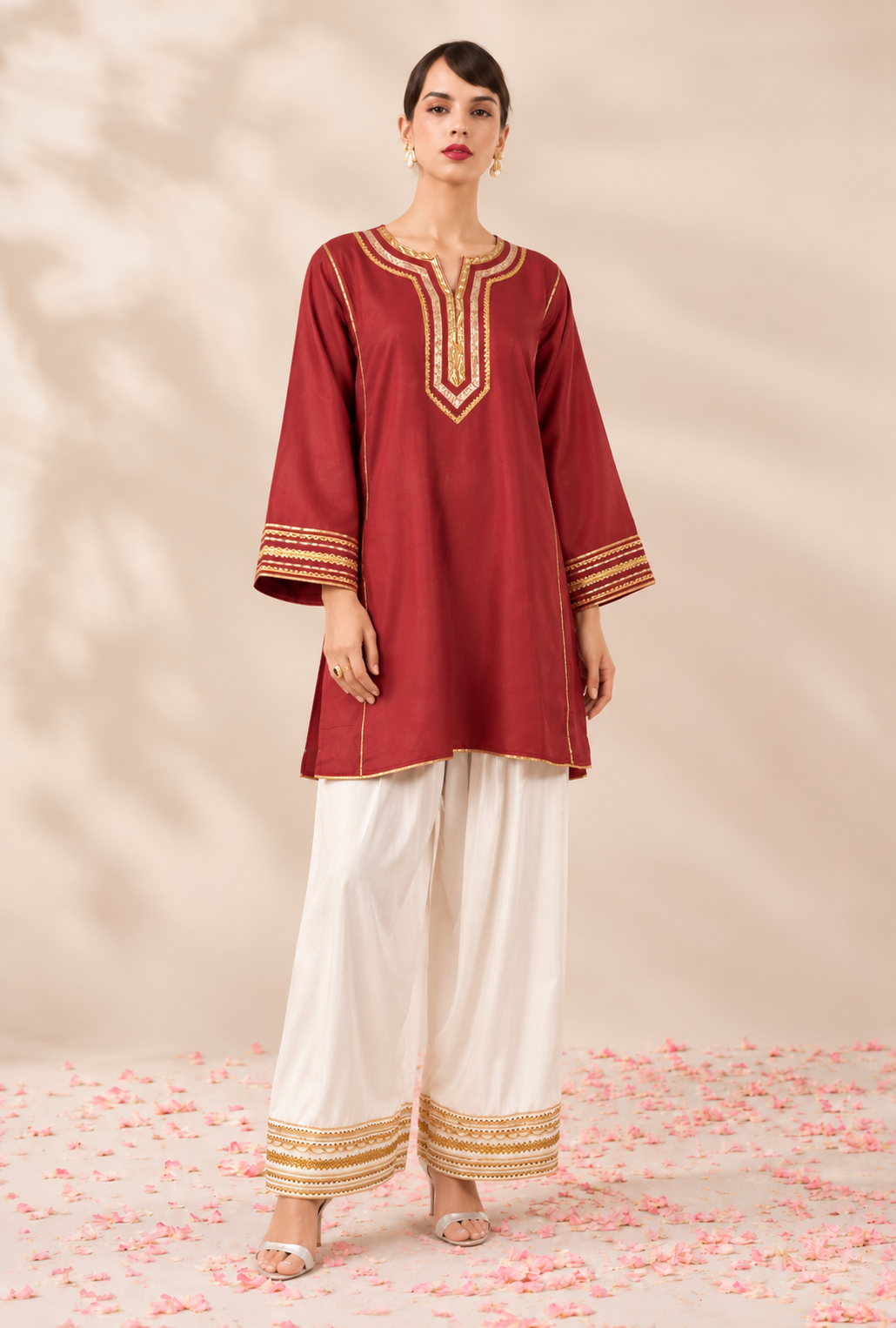 Maroon Cotton Farsi Kurta set with Gold Gotta Lace