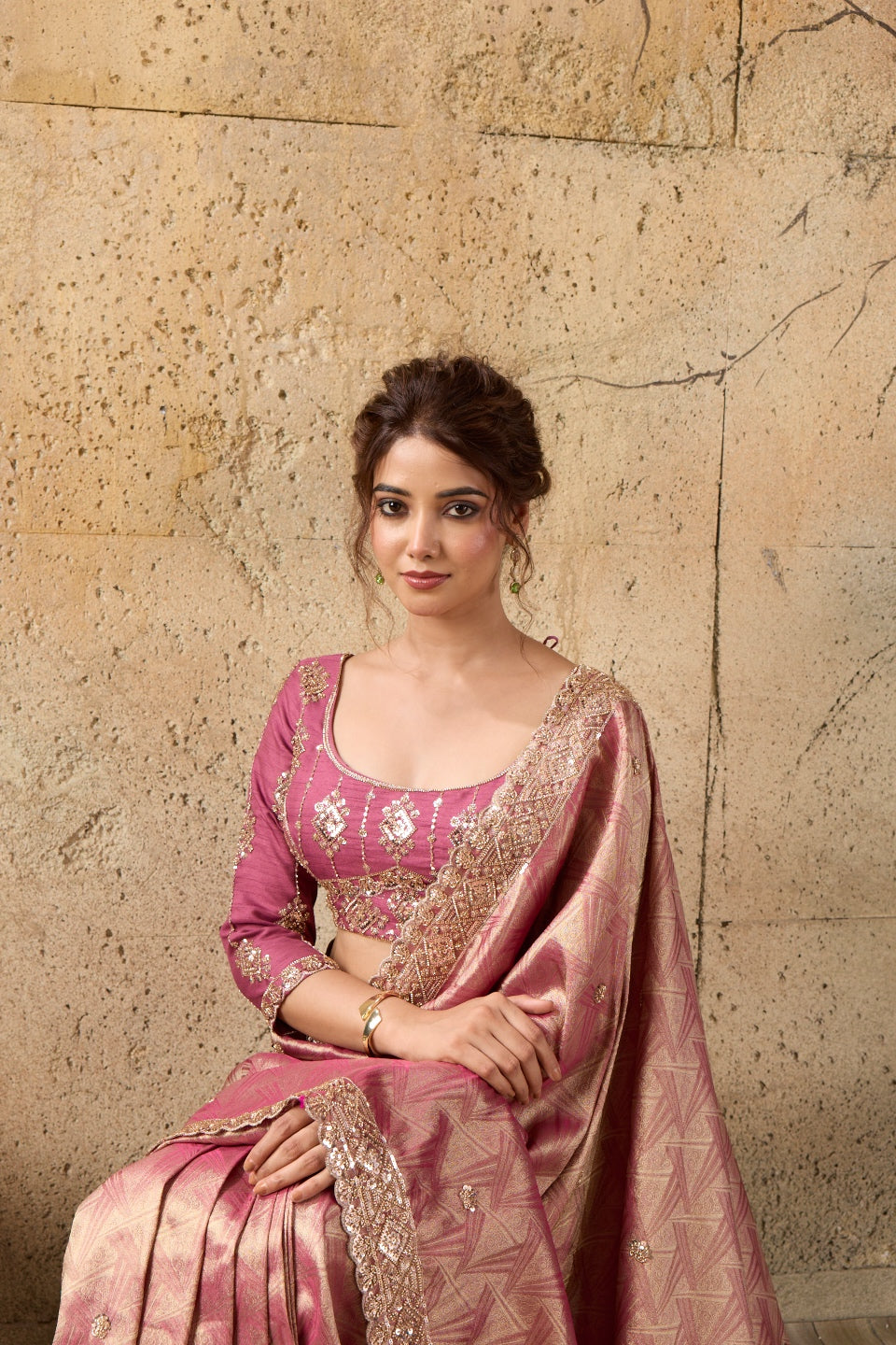 Rose Pink Organza Silk Saree with Zari Hand Embroidery with Stitched Blouse