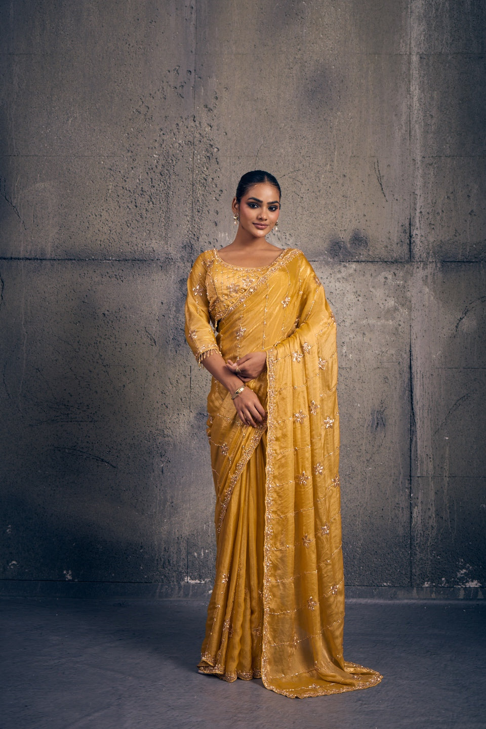 Yellow Tissue Silk Saree with Hand Embroidery with Stitched Blouse