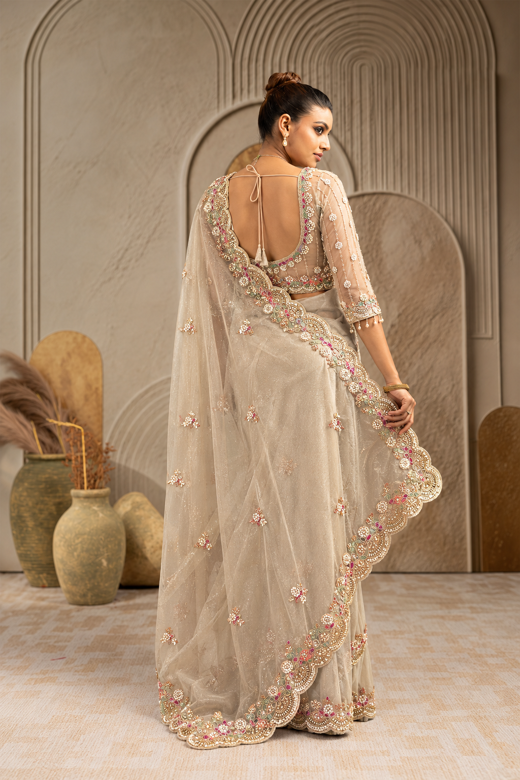 Golden Organza Silk Saree with Multicolor Floral Embroidery