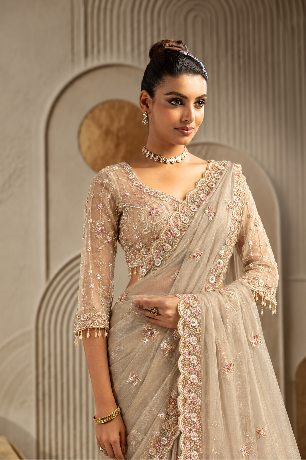 Golden Organza Silk Saree with Multicolor Floral Embroidery