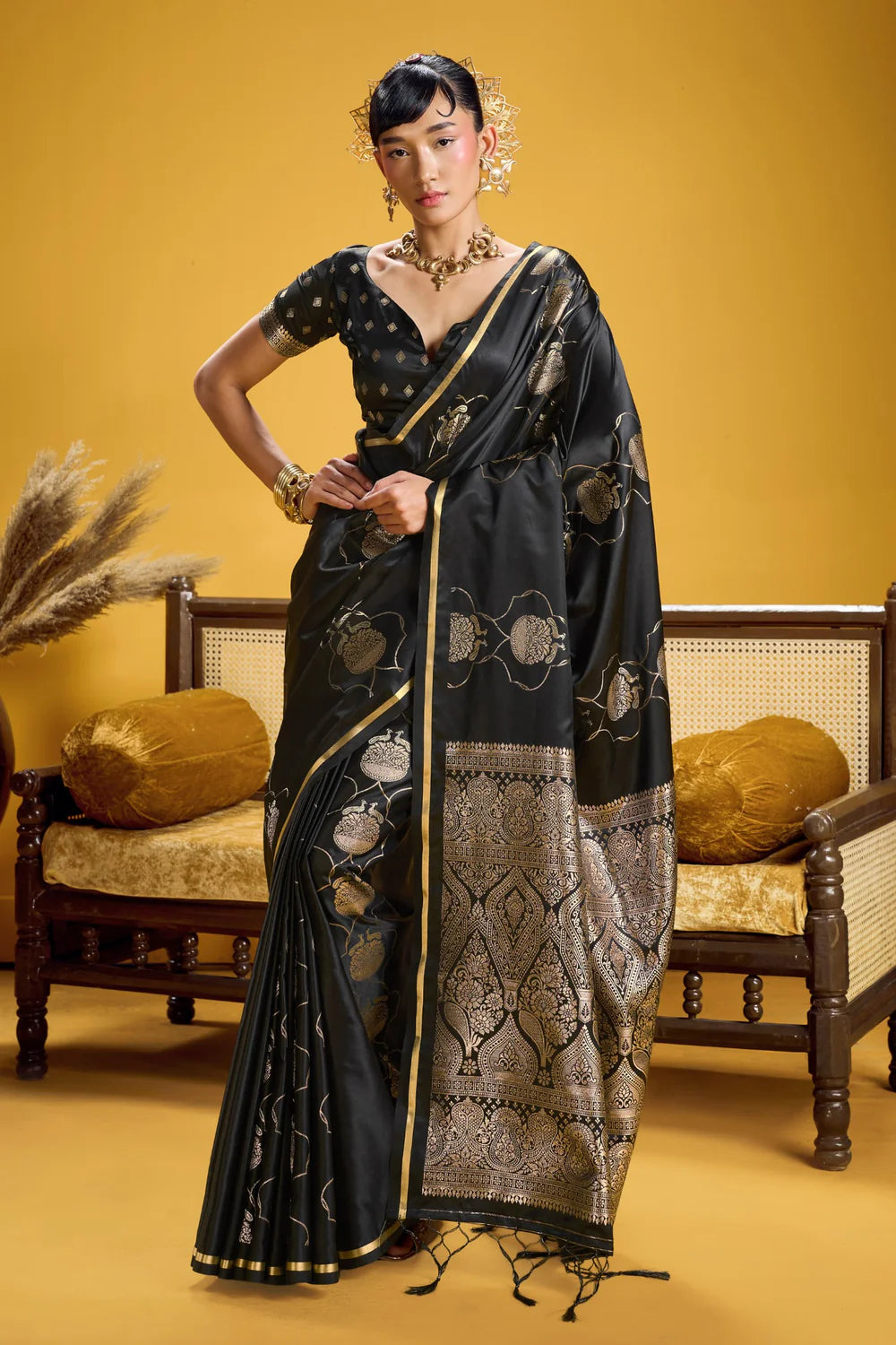 Black Pure Satin Handloom Saree with Gold Zari Weaving
