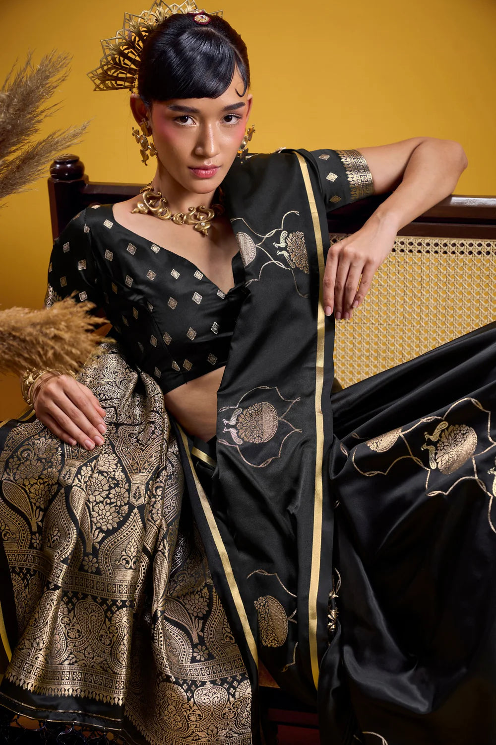 Black Pure Satin Handloom Saree with Gold Zari Weaving