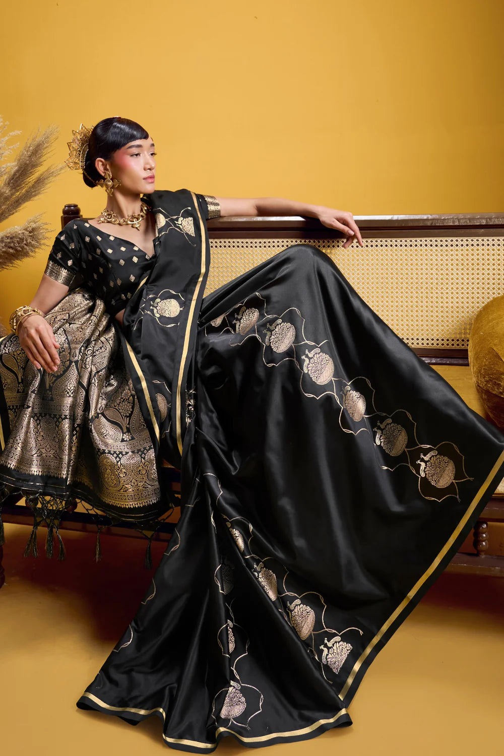 Black Pure Satin Handloom Saree with Gold Zari Weaving