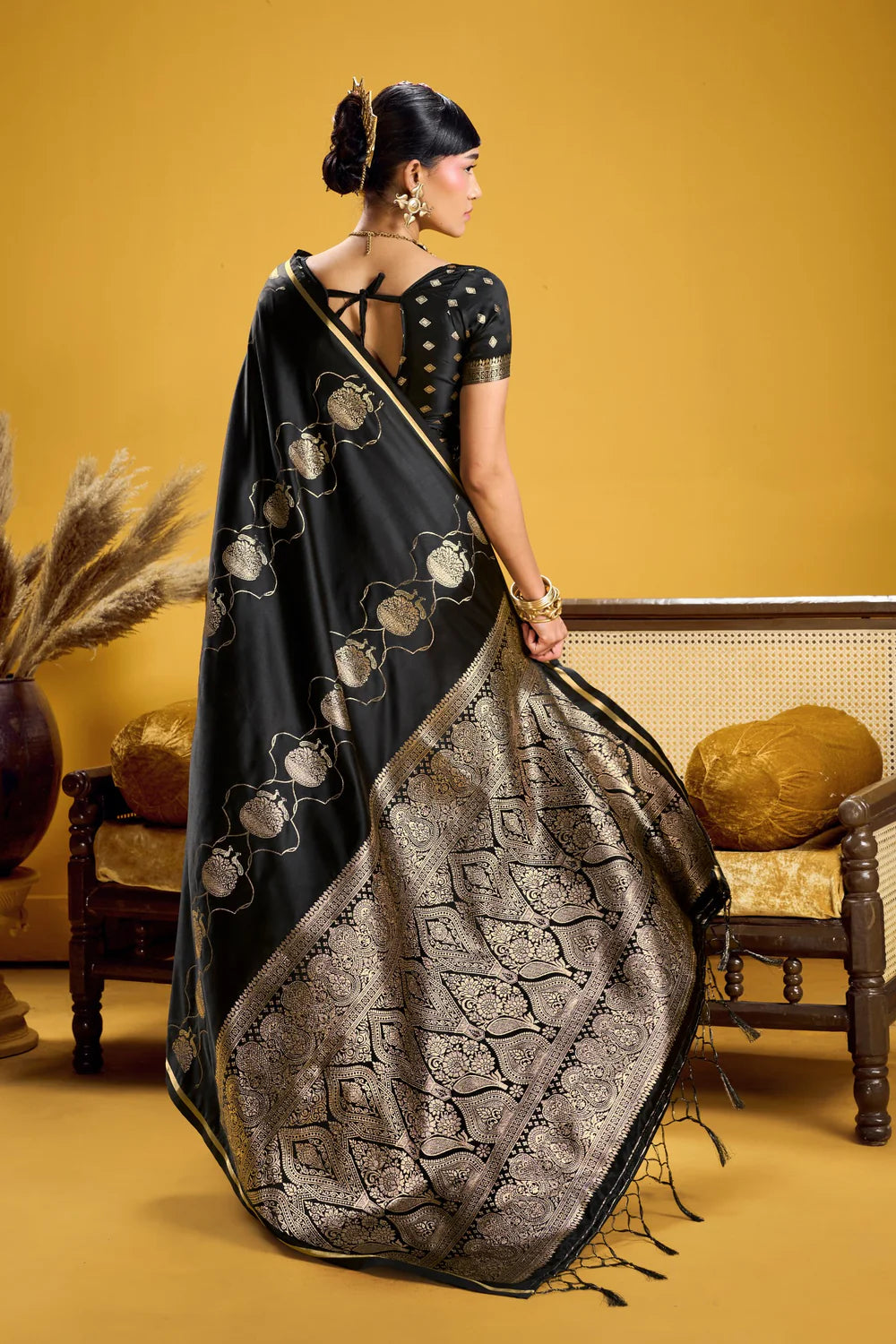 Black Pure Satin Handloom Saree with Gold Zari Weaving