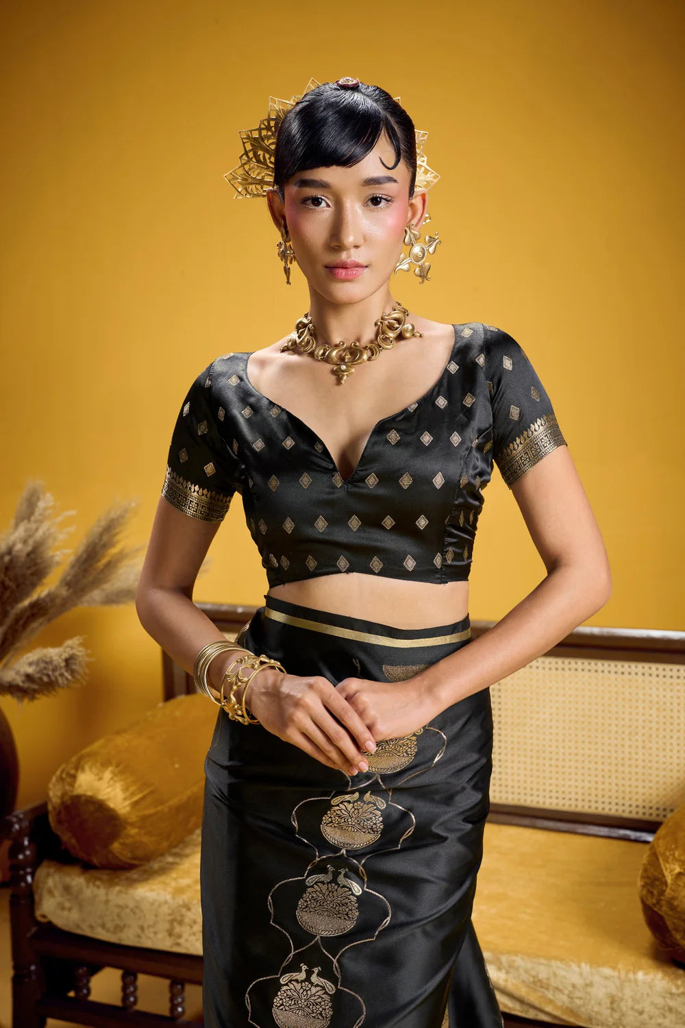 Black Pure Satin Handloom Saree with Gold Zari Weaving