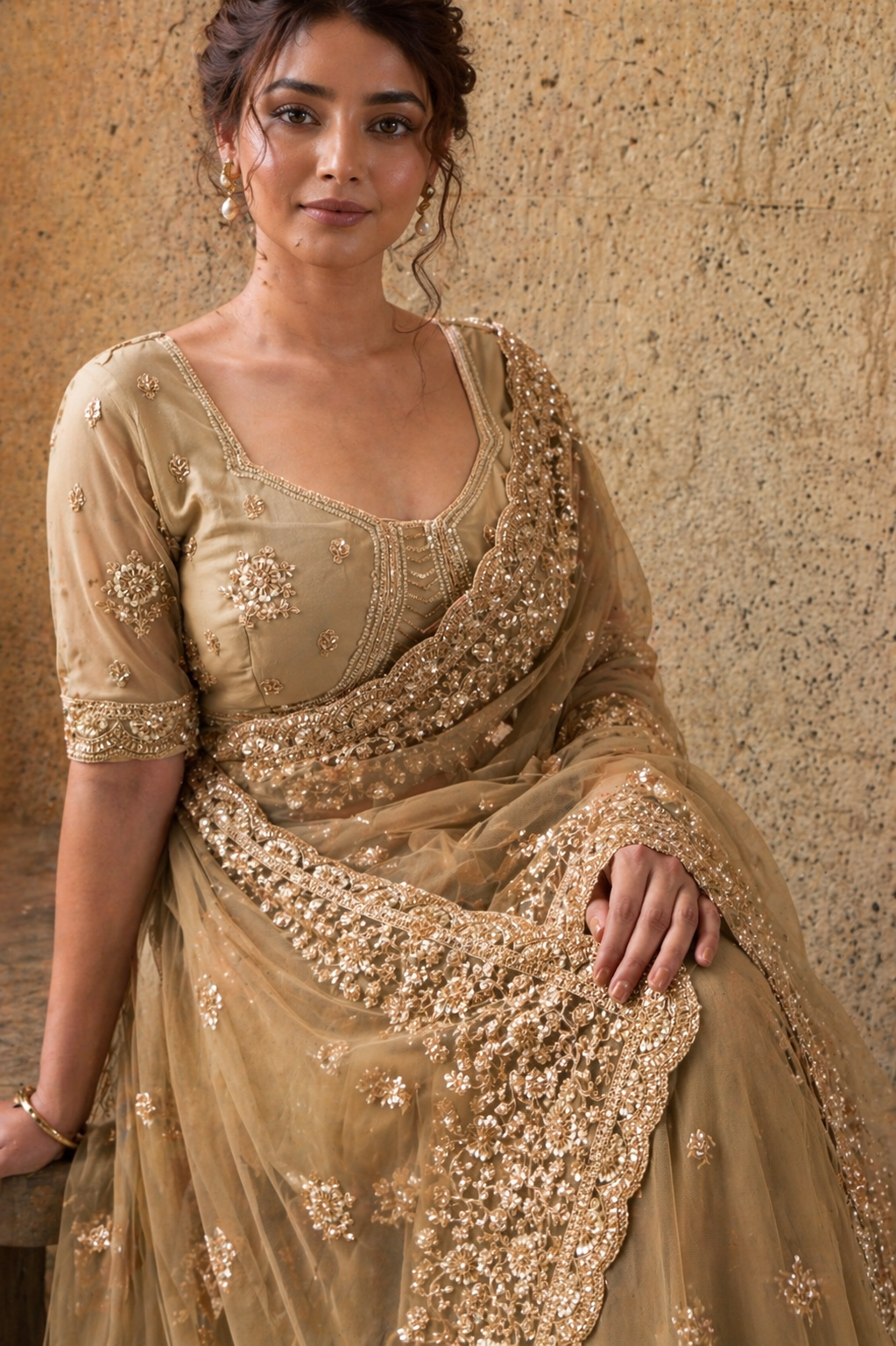 Dark Golden Net Saree with Hand Embroidery with Stitched Blouse