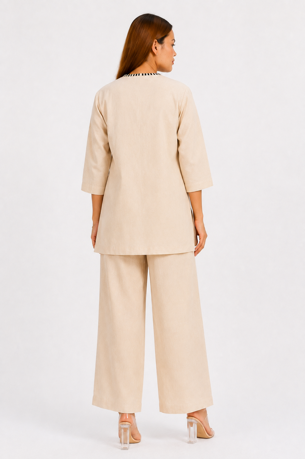 Off White Linen Cotton Co-Ord Set with Abstract Face Embroidery