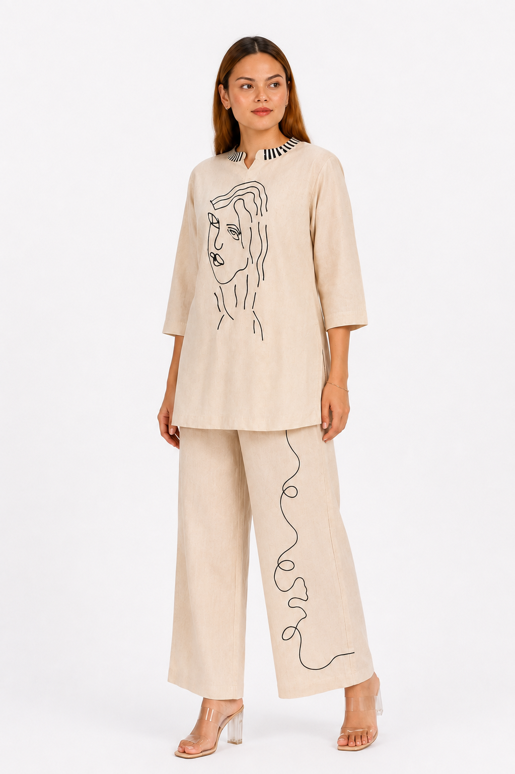 Off White Linen Cotton Co-Ord Set with Abstract Face Embroidery