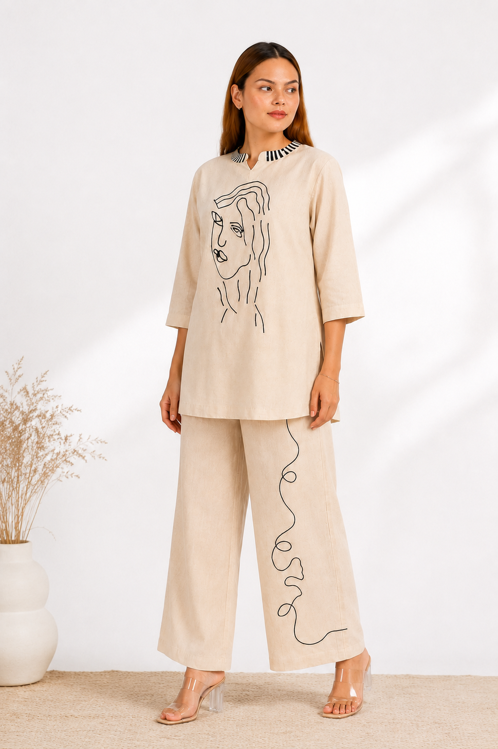Off White Linen Cotton Co-Ord Set with Abstract Face Embroidery