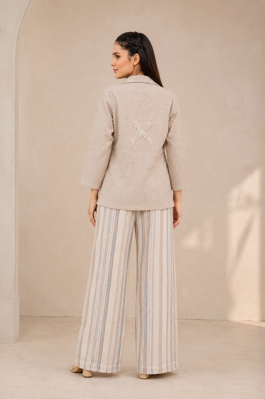 Ivory Linen Cotton Cord Set with Striped Pattern & Tailored Blazer