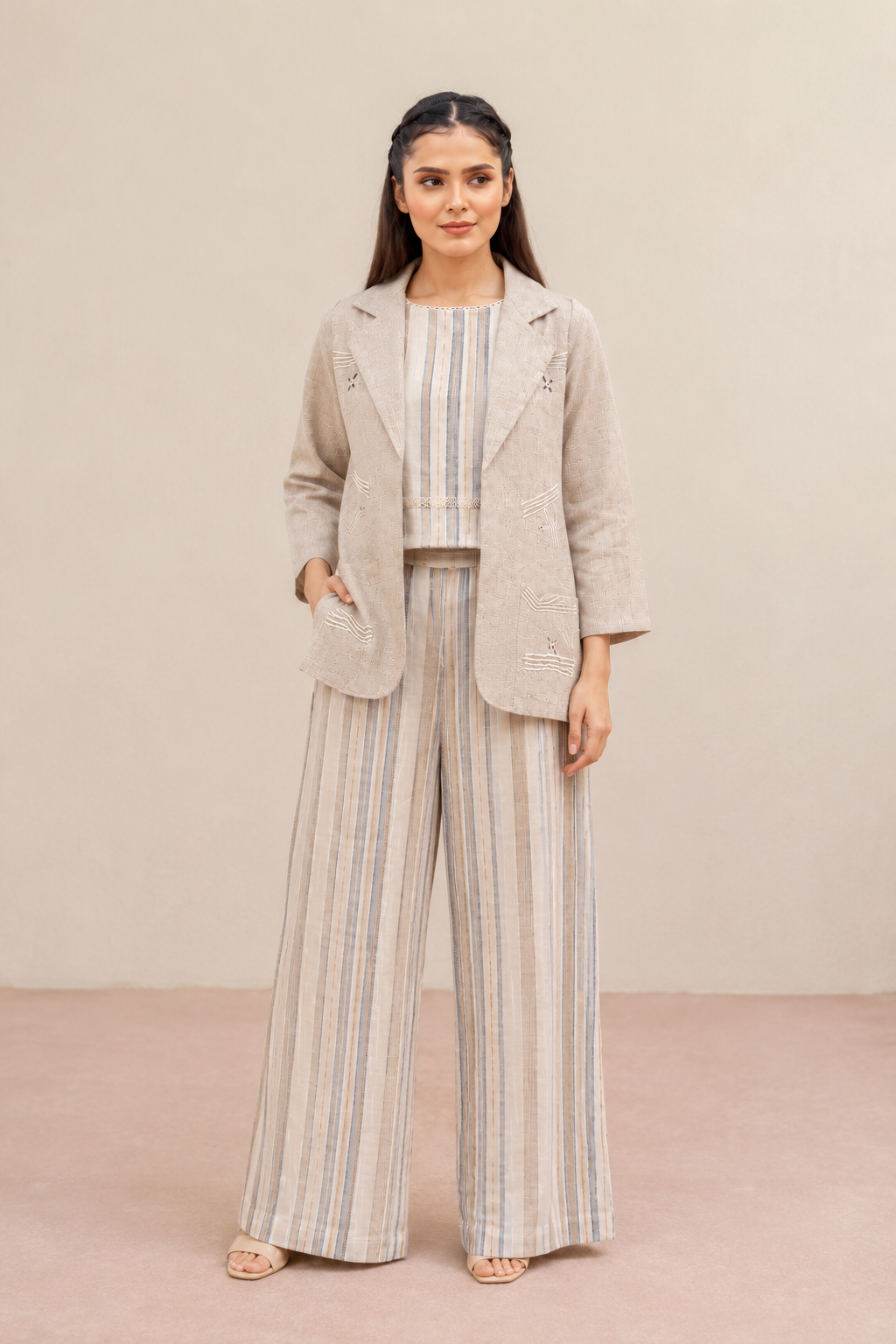 Ivory Linen Cotton Cord Set with Striped Pattern & Tailored Blazer