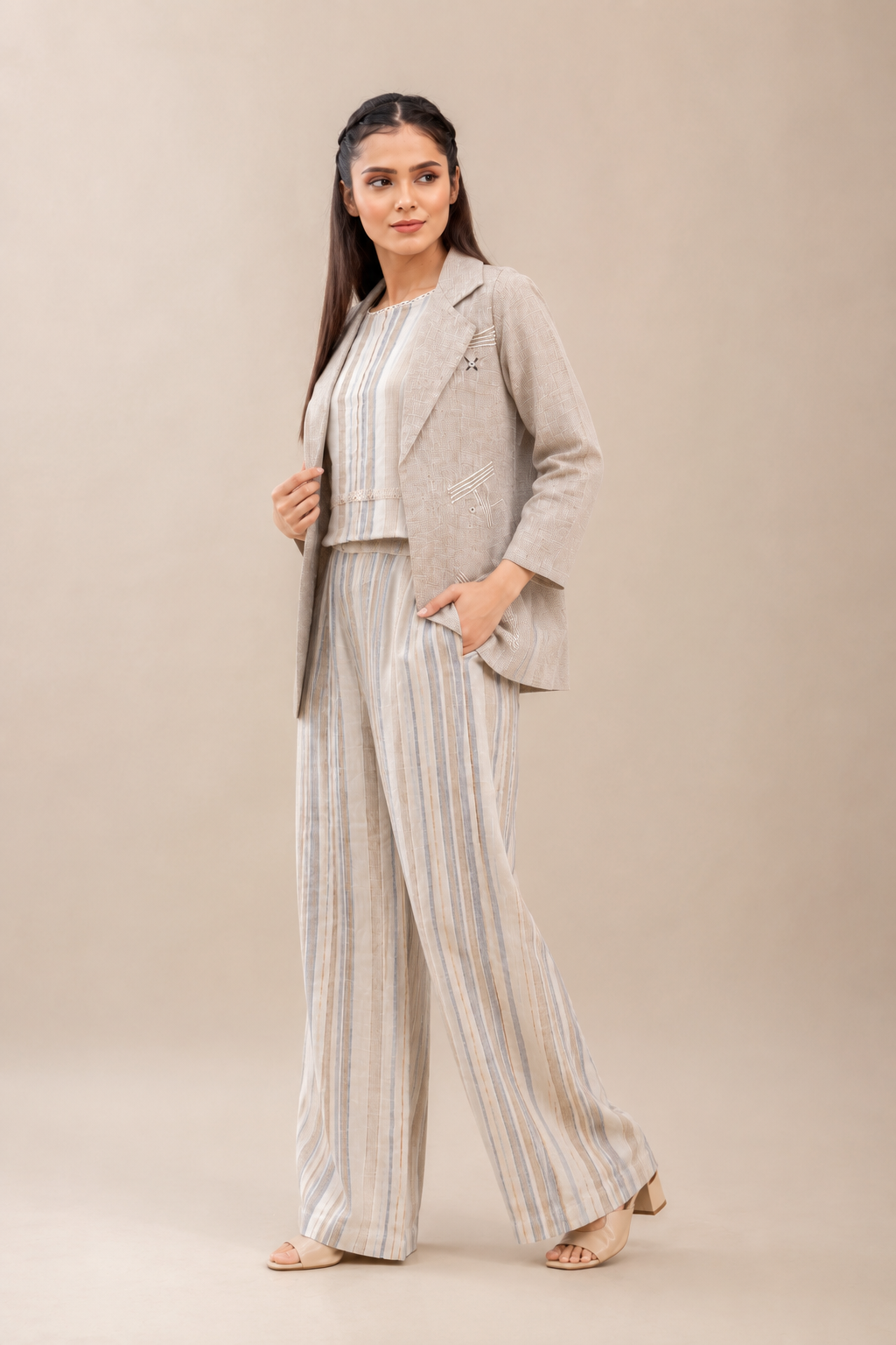 Ivory Linen Cotton Cord Set with Striped Pattern & Tailored Blazer