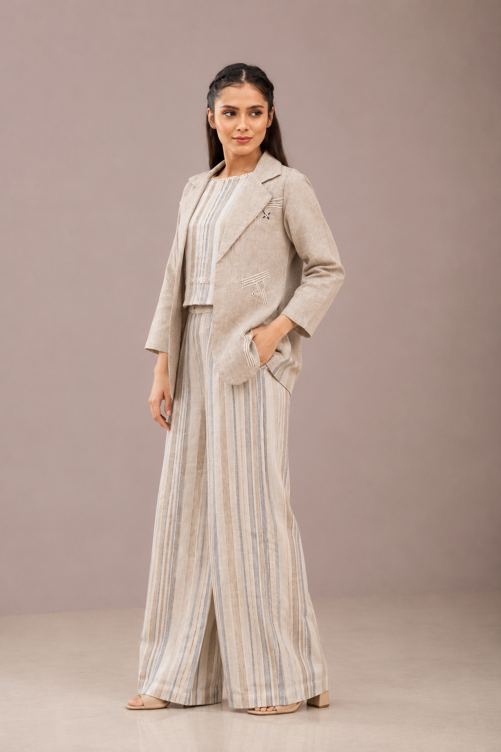 Ivory Linen Cotton Cord Set with Striped Pattern & Tailored Blazer