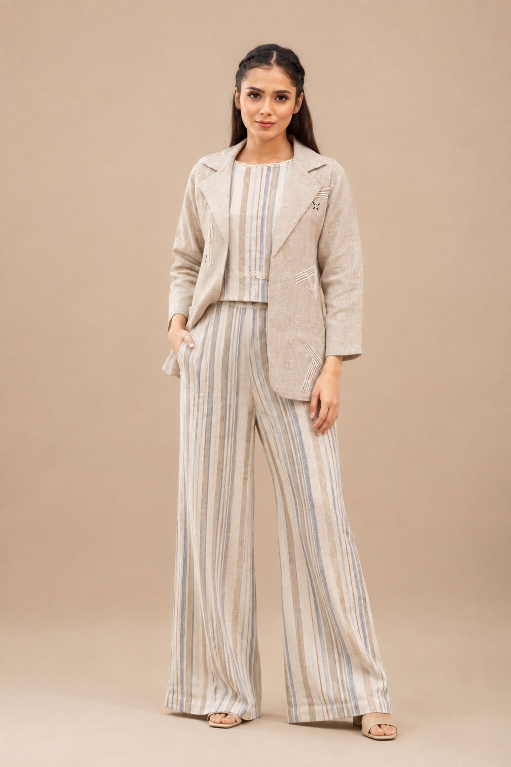Ivory Linen Cotton Cord Set with Striped Pattern & Tailored Blazer