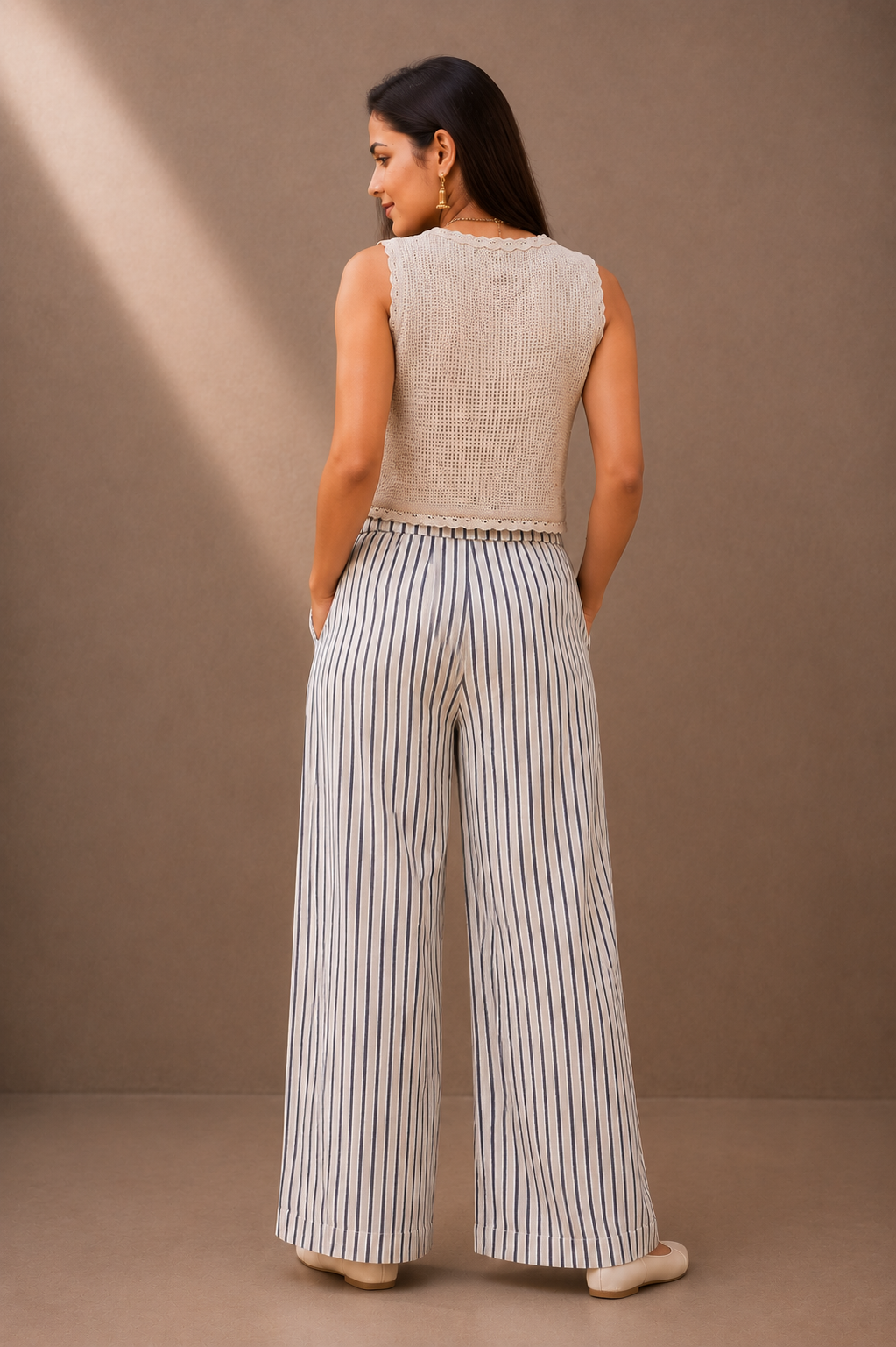 Ivory Cotton Linen Striped Cord Set with Embroidered Blazer & Wide-Leg Pants