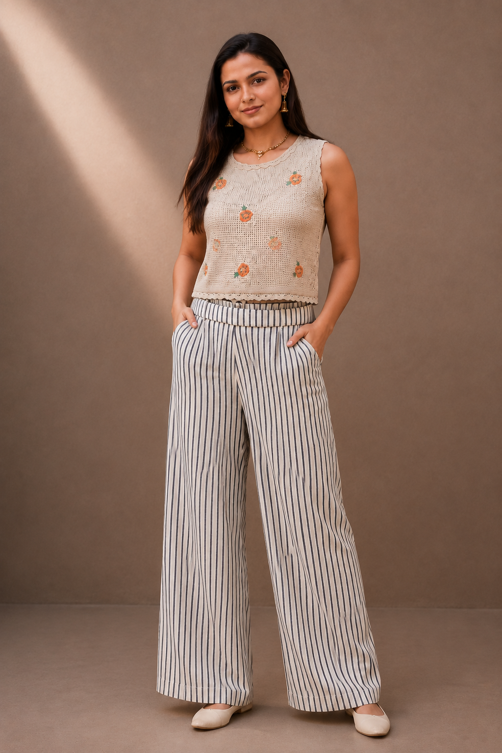 Ivory Cotton Linen Striped Cord Set with Embroidered Blazer & Wide-Leg Pants