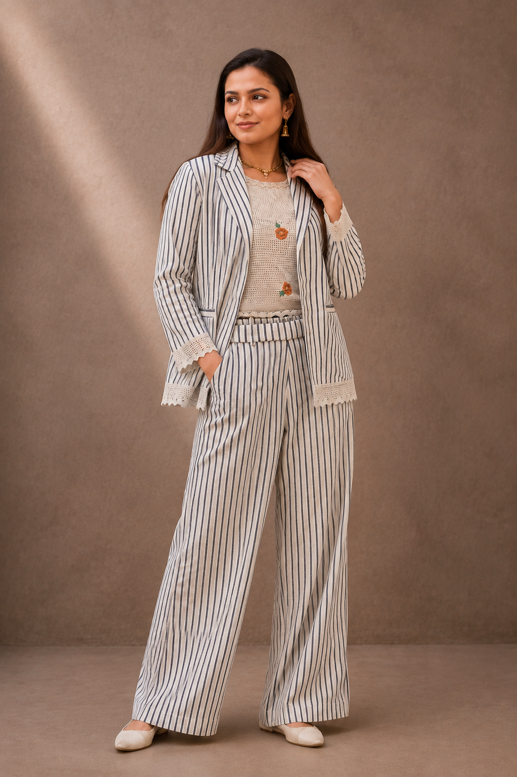 Ivory Cotton Linen Striped Cord Set with Embroidered Blazer & Wide-Leg Pants