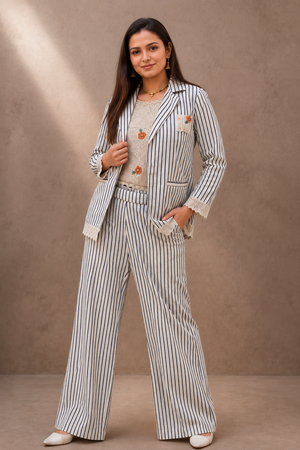 Ivory Cotton Linen Striped Cord Set with Embroidered Blazer & Wide-Leg Pants