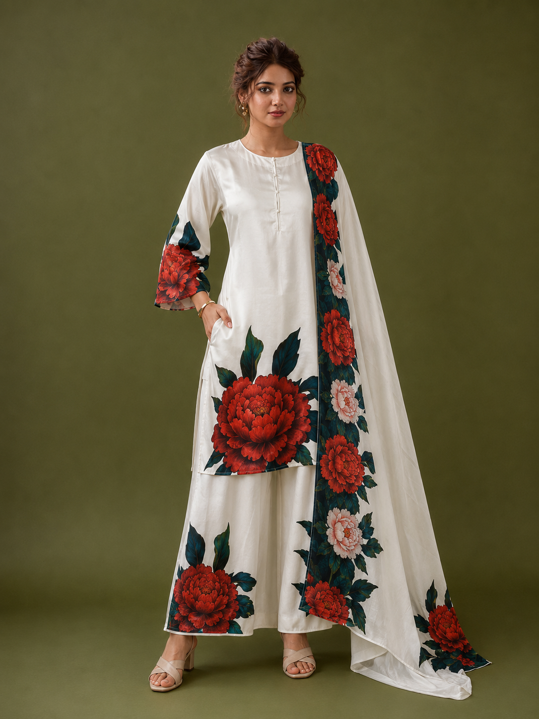 White Satin Silk Kurta Set with Floral Digital Print